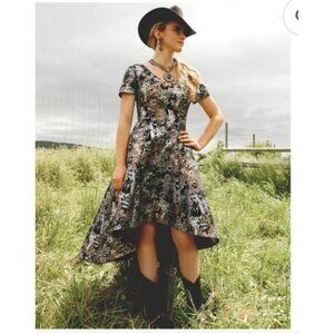 Focus by Shani Jacquard Hi Low Dress V Neck Short Sleeve Party Formal US 4